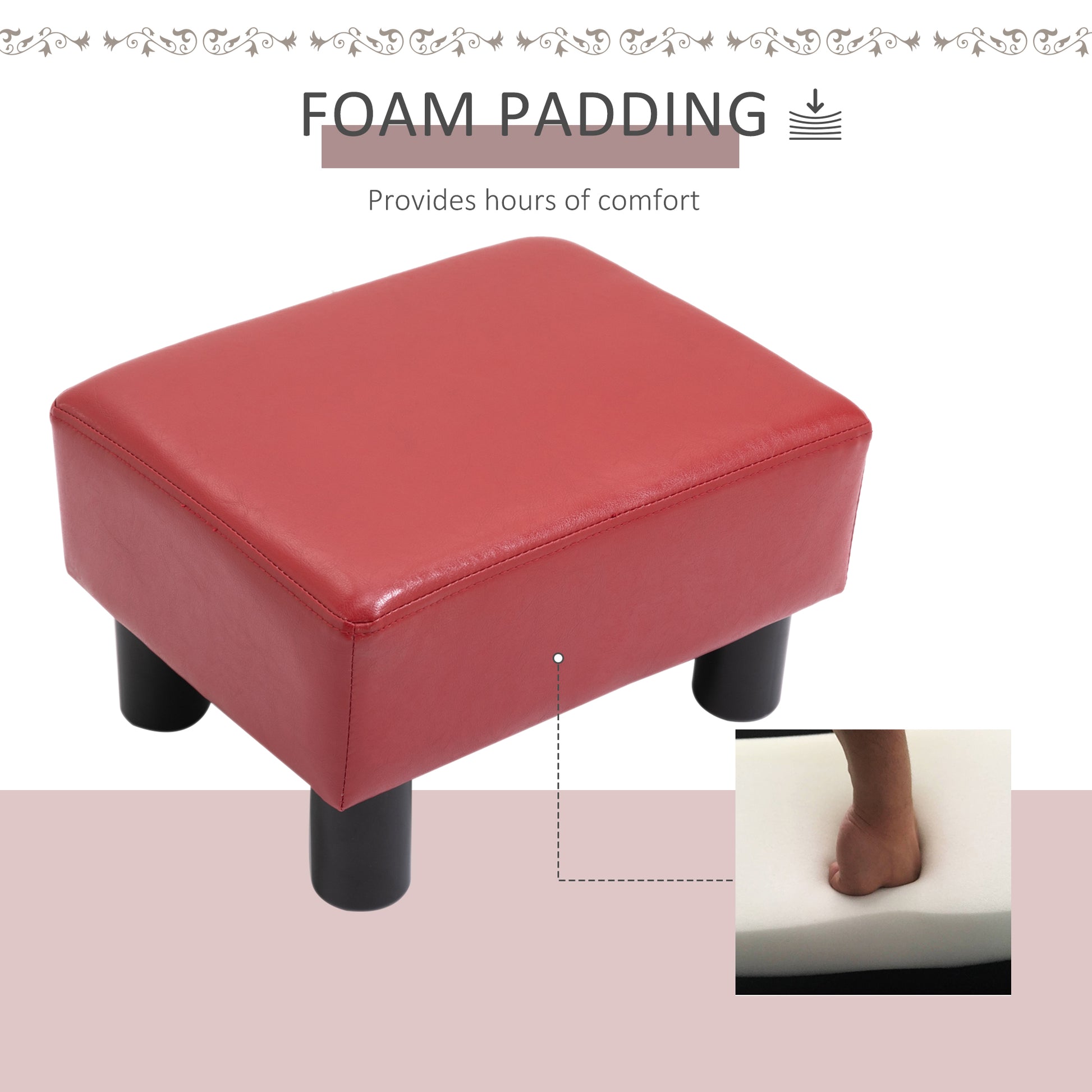 Homcom Ottoman Foot Rest, Small Foot Stool With Faux Leather Upholstery, Rectangular Ottoman Footrest With Padded Foam Seat And Plastic Legs, Red Red Plastic