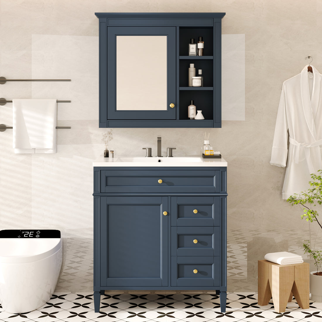 30'' Bathroom Vanity With Top Sink, Modern Bathroom Storage Cabinet With 2 Drawers And A Tip Out Drawer, Freestanding Vanity Set With Mirror Cabinet, Single Sink Bathroom Vanity 3 Blue 2 Mirror Included Bathroom Wall Mounted Modern Solid Wood Painted