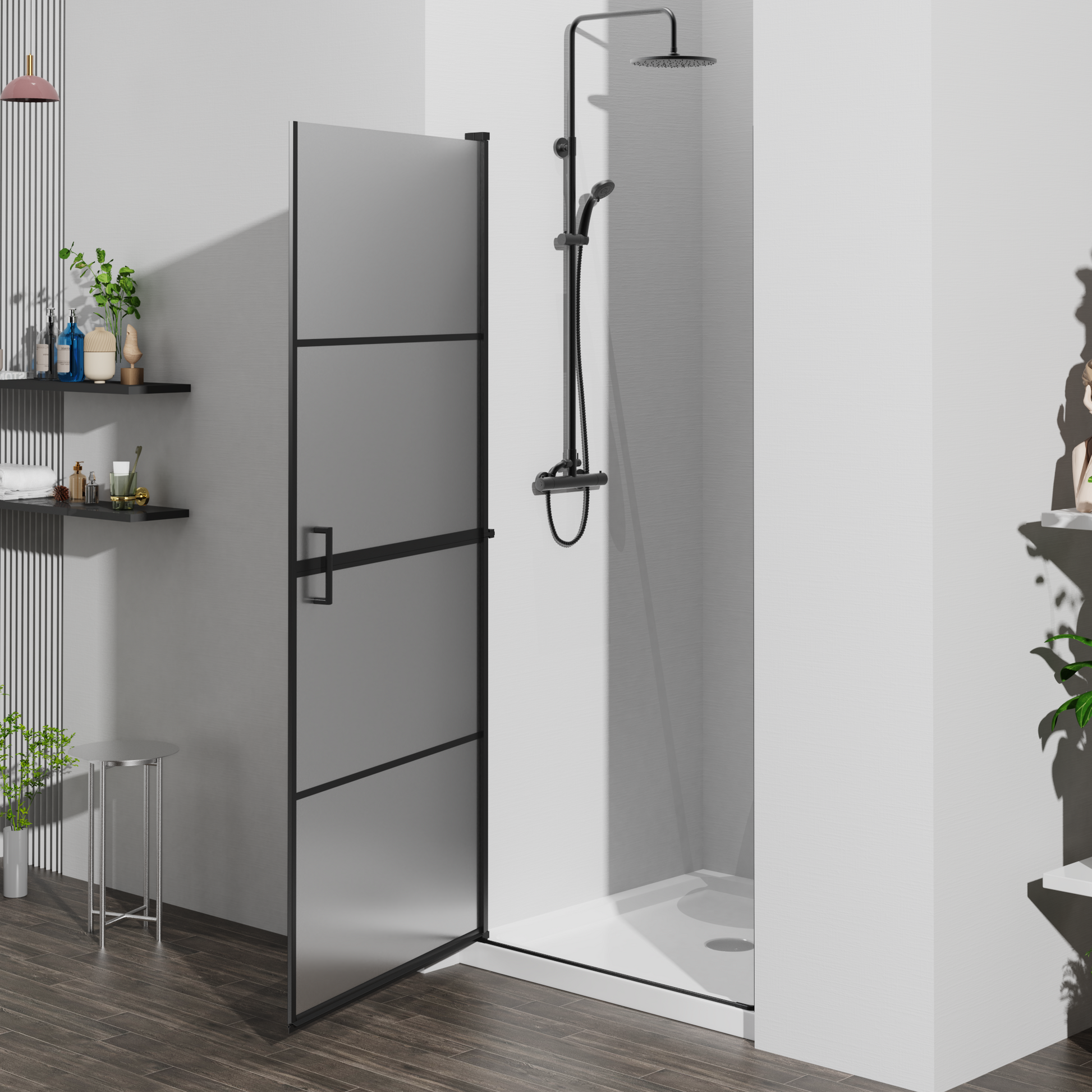 Goodyo 34"X72"Framed Pivot Swing Shower Door Frosted Tempered Glass Grid Pattern With 35.4" White Shower Base Combo Black And Silver Glass Acrylic