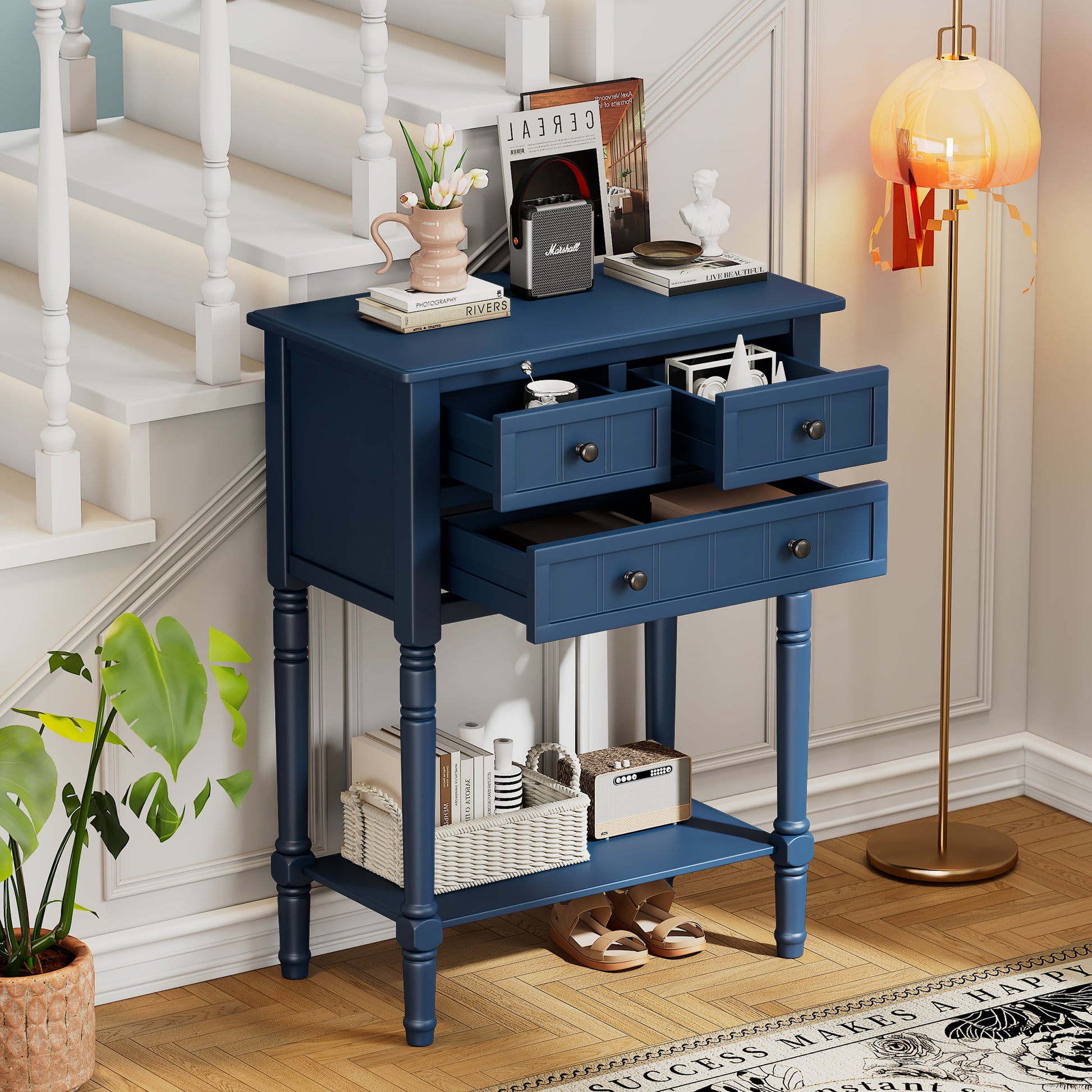 Narrow Console Table, Slim Sofa Table With Three Storage Drawers And Bottom Shelf Navy Navy Solid Wood Mdf