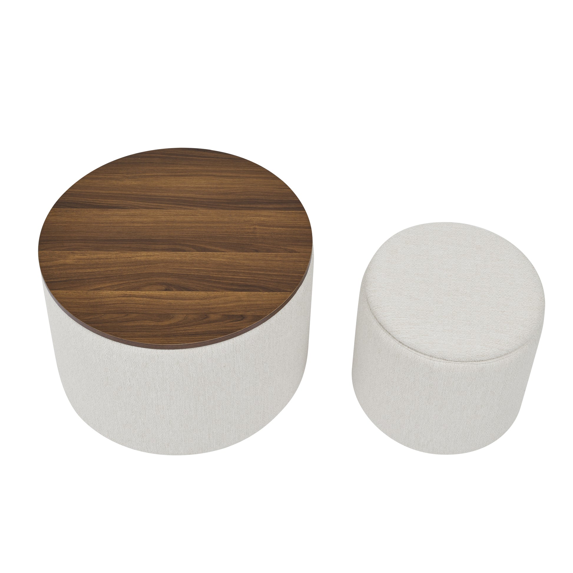 2 Piece Set Round Chenille Storage Ottoman, Equipped With A Drum Shaped Small Stool, Storage Space, And Mdf Made Desktop Panel Beige 23.62"X23.62"X16.53" Beige Chenille