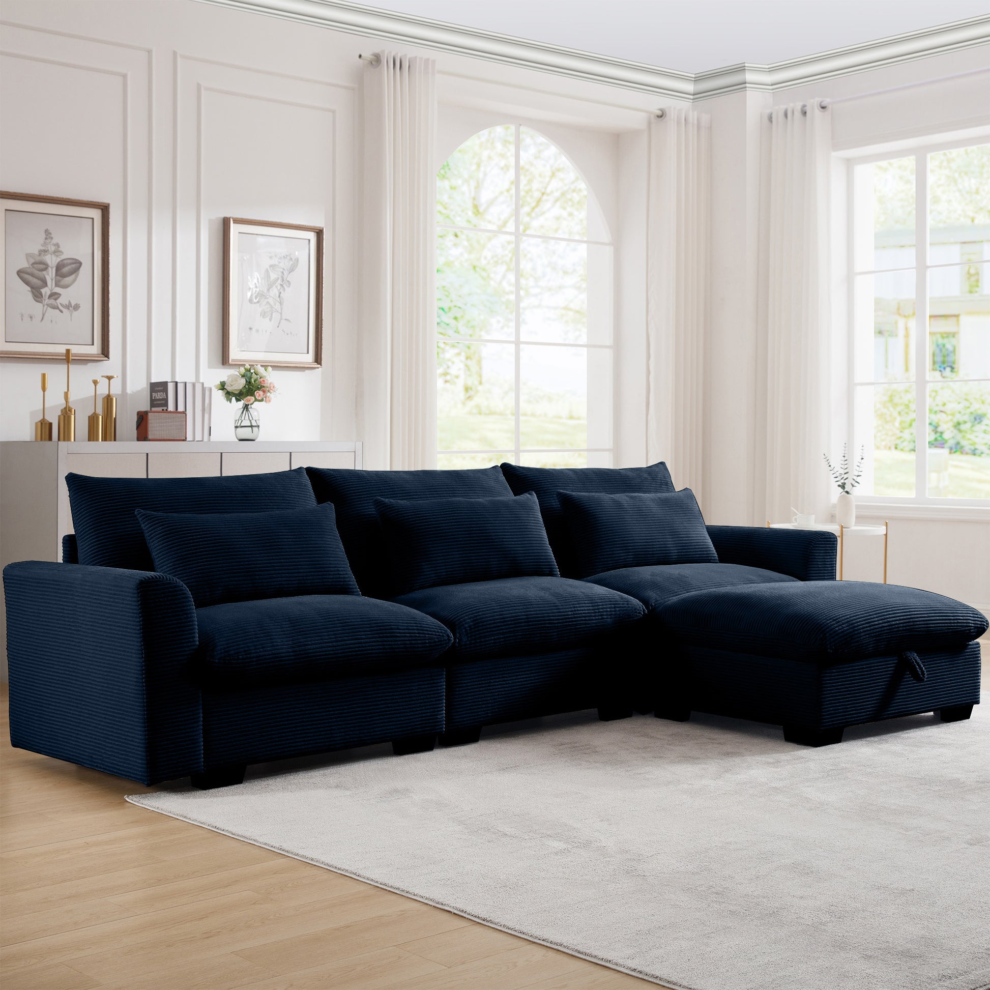 Corduroy Sectional Sofa, L Shaped Couch With Storage Footstool And 3 Pillow, Sectional Couch For Living Room Apartment, Bule Blue Corduroy 3 Seat