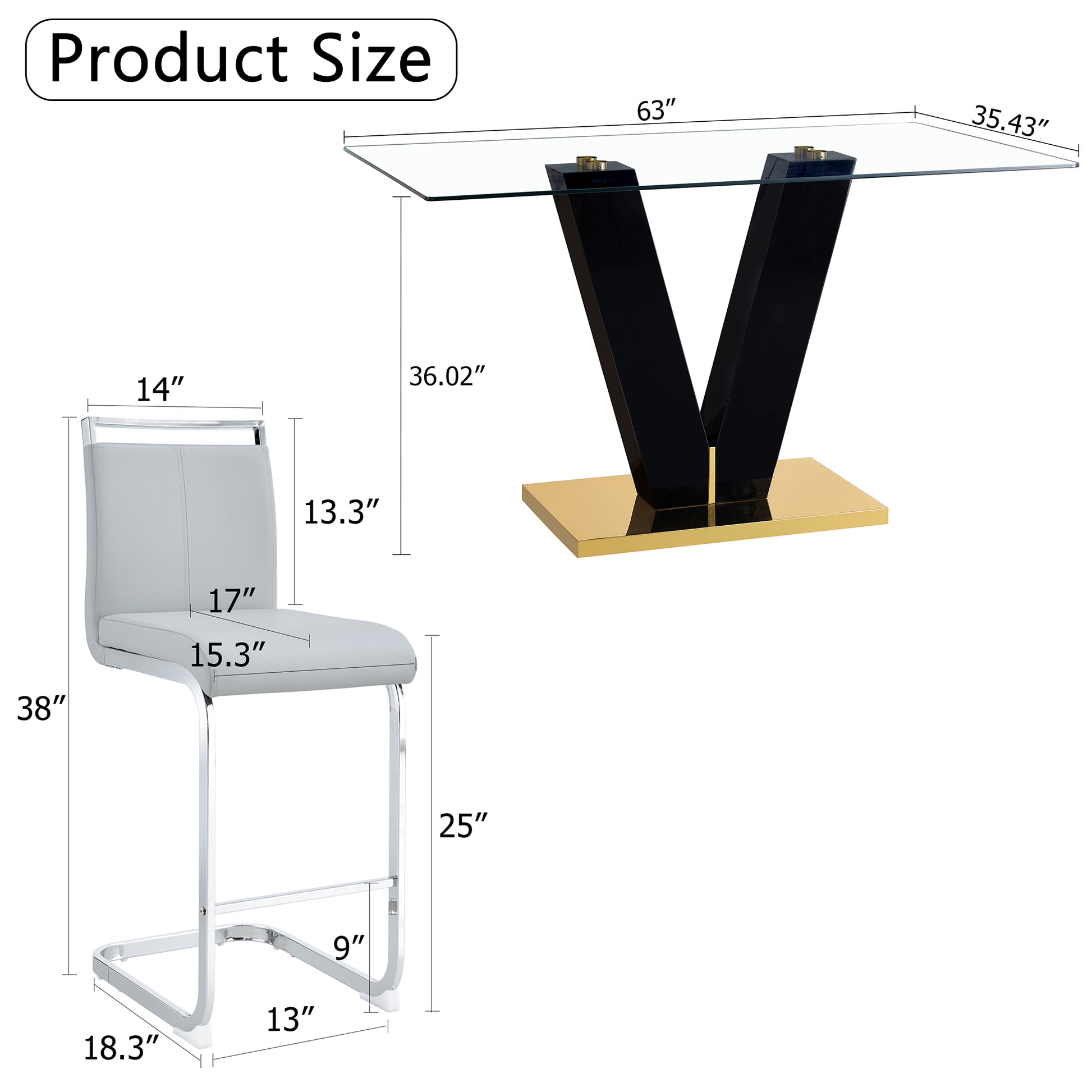 Table And Chair Set. A Rectangular Glass Dining Table With A 0.4 Inch Tempered Glass Tabletop And Mdf Board V Shaped Bracket, Paired With Chairs Consisting Of Pu Seat Cushions And Silver Metal Legs. Black Gray Seats 4 Tempered Glass