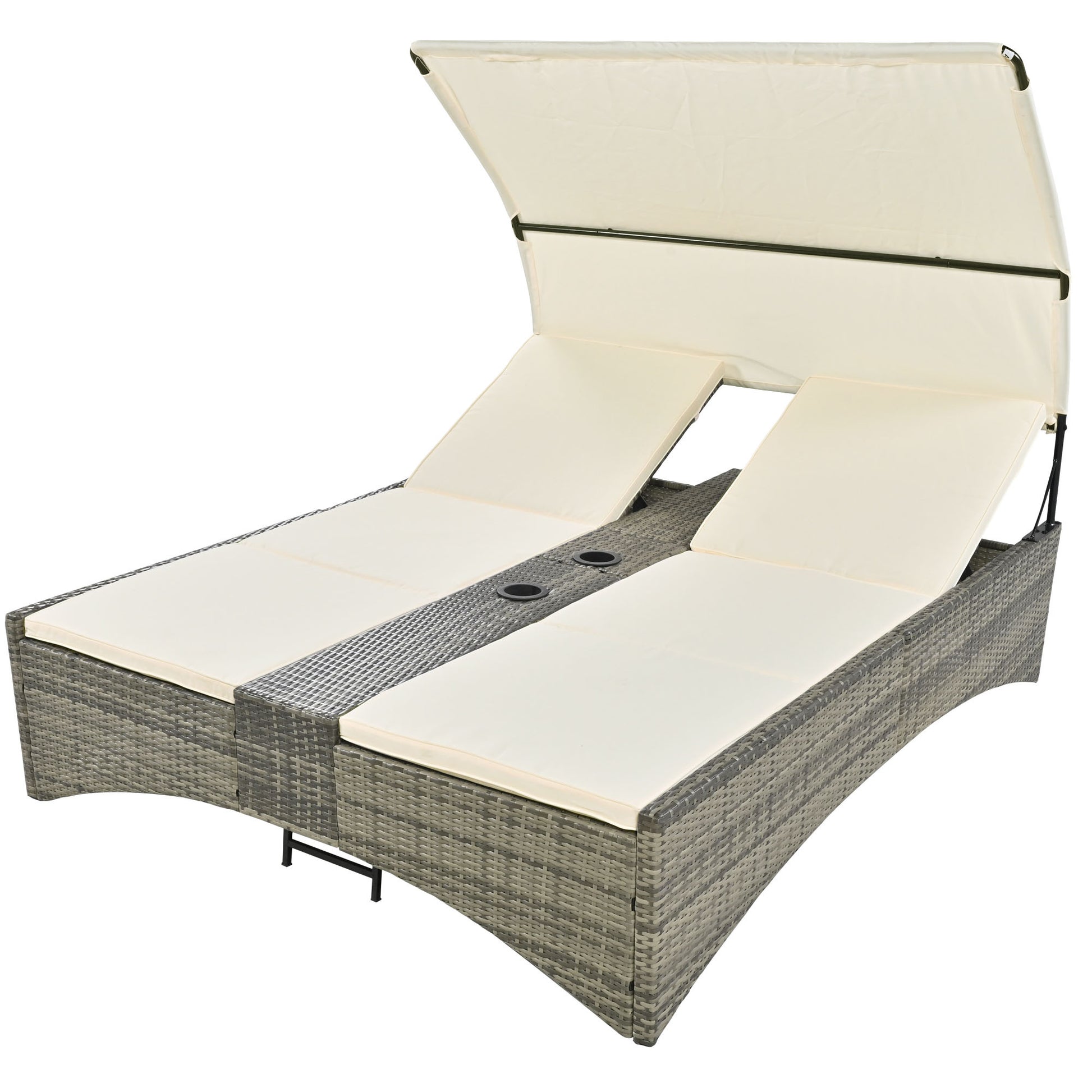 Patio Daybed Outdoor Daybed Outdoor Rattan Sun Lounger With Shelter Roof With Adjustable Backrest, Storage Box And 2 Cup Holders For Patio, Balcony, Poolside,Cream Yes Cream Seats 2 Water Resistant Frame Water Resistant Cushion Garden & Outdoor Sectional