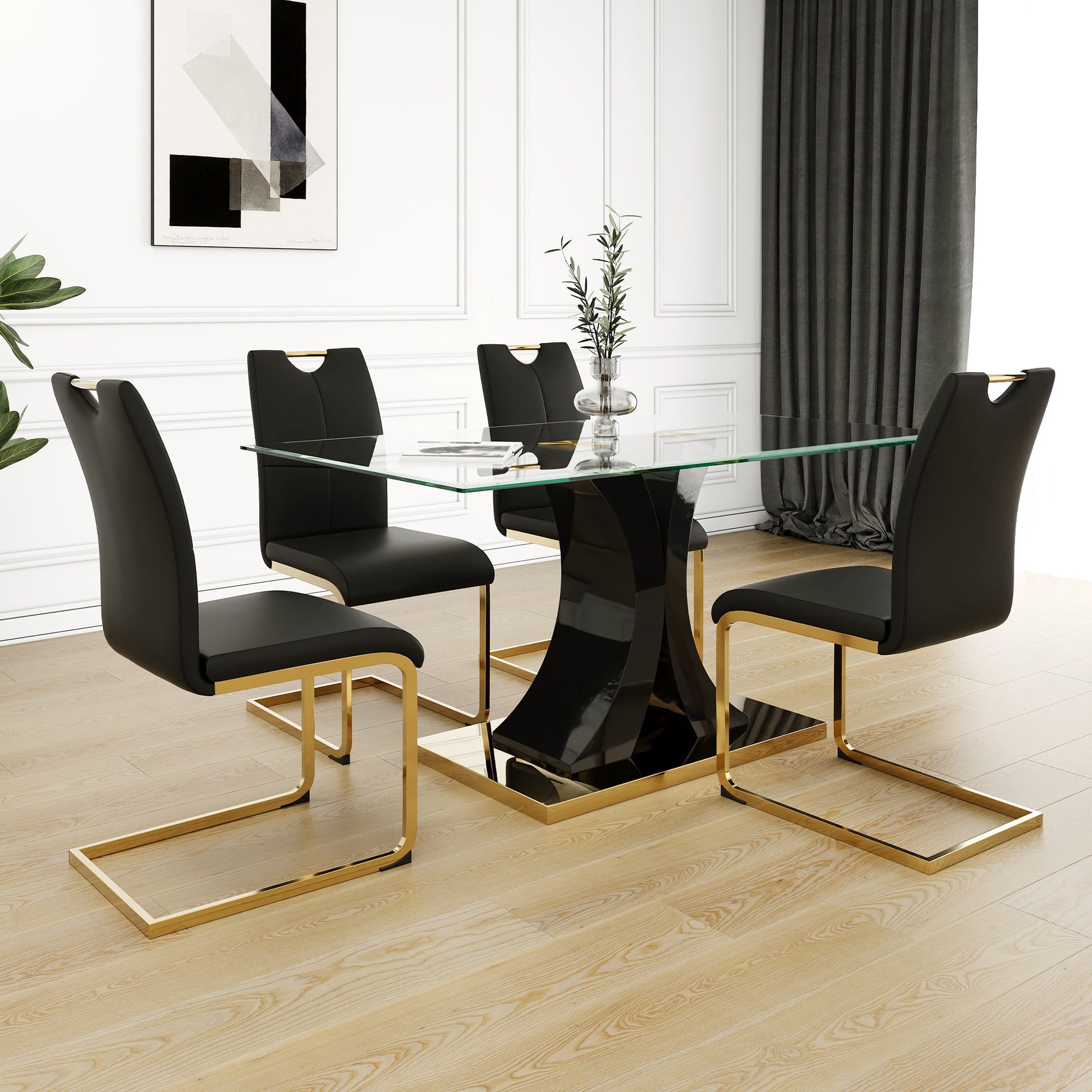 Modern Style Glass Dining Table, Elegant Transparent Design, Solid Support Base, Black Dining Chair Set, Gold Plated Chair Legs, Suitable For Restaurant Kitchen Use Set Of 5 Black Gold Seats 4 Mdf Glass