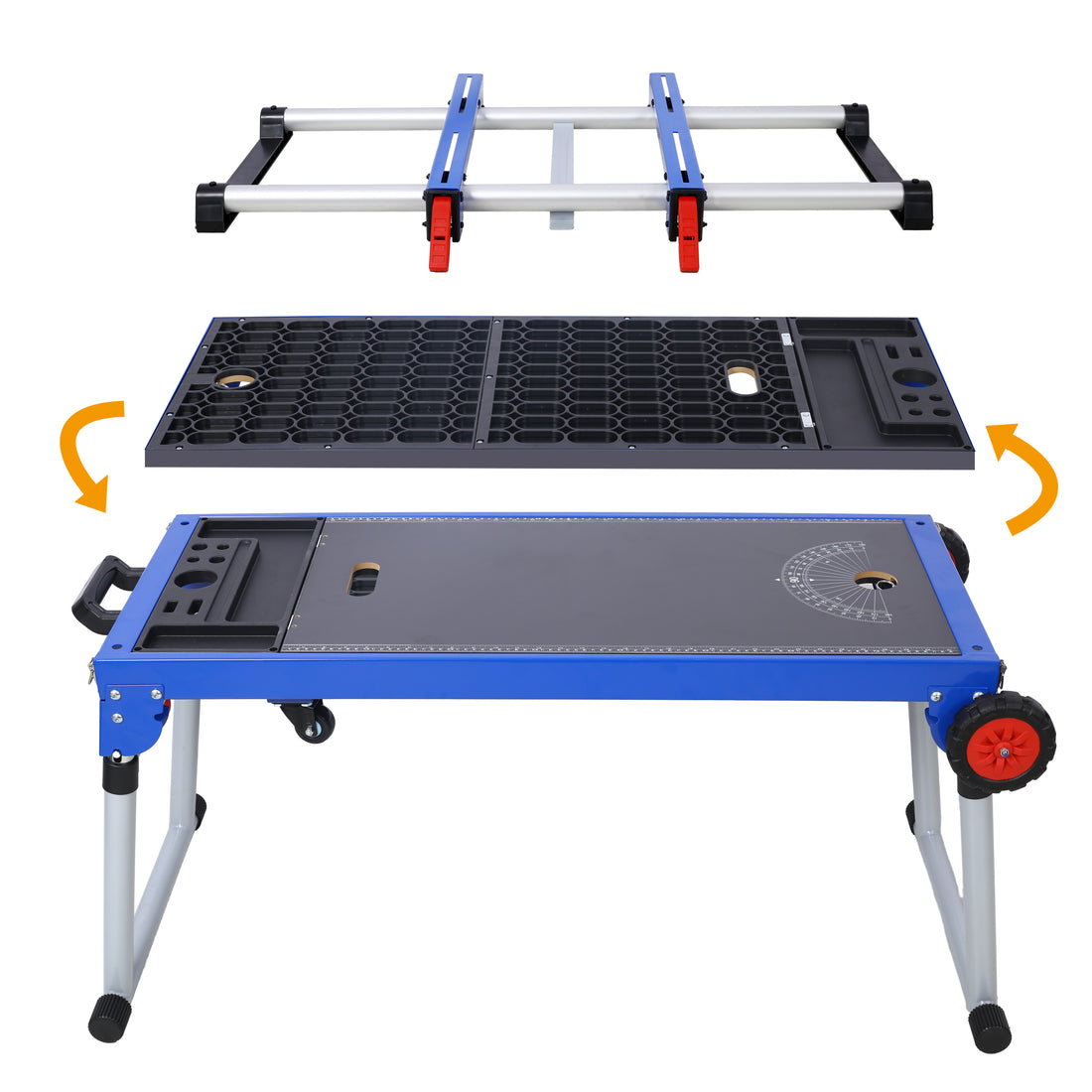 Miter Saw Stand, 5 In 1 Portable Workbench, Quick Folding Work Table With Detachable Miter Saw Stand & Height Adjustable Legs, Scaffold Dolly Creeper Platform For Woodworking, Repair, Masonry Blue