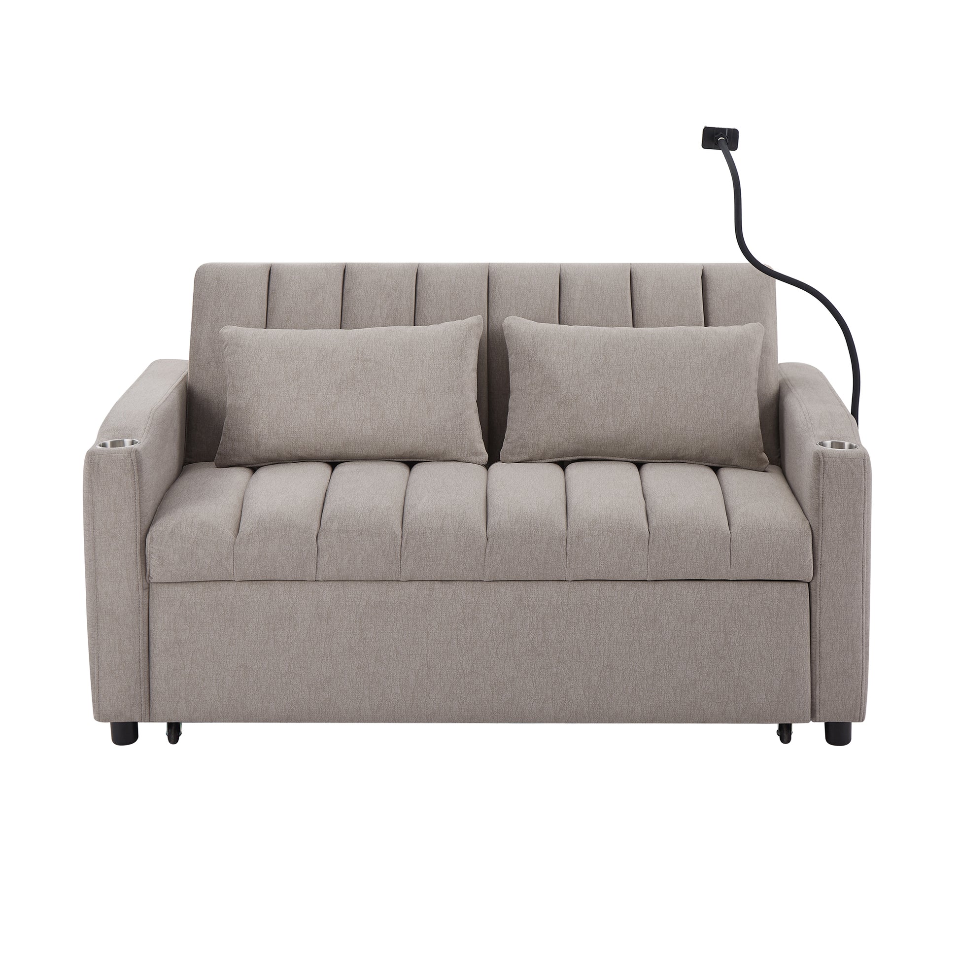 55.9" Convertible Sofa Bed Loveseat Sofa With Three Usb Ports, Two Side Pockets, Two Cup Holders And 360 Swivel Phone Holder For Living Room, Light Grey Light Grey Foam Polyester