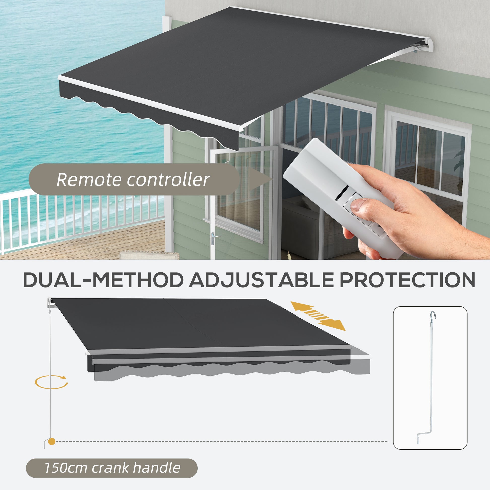 Outsunny 10' X 8' Electric Awning, Retractable Awning, Uv Protection Sun Shade Shelter With Remote Controller And Manual Crank Handle For Deck, Balcony, Yard, Dark Gray Gray Aluminum