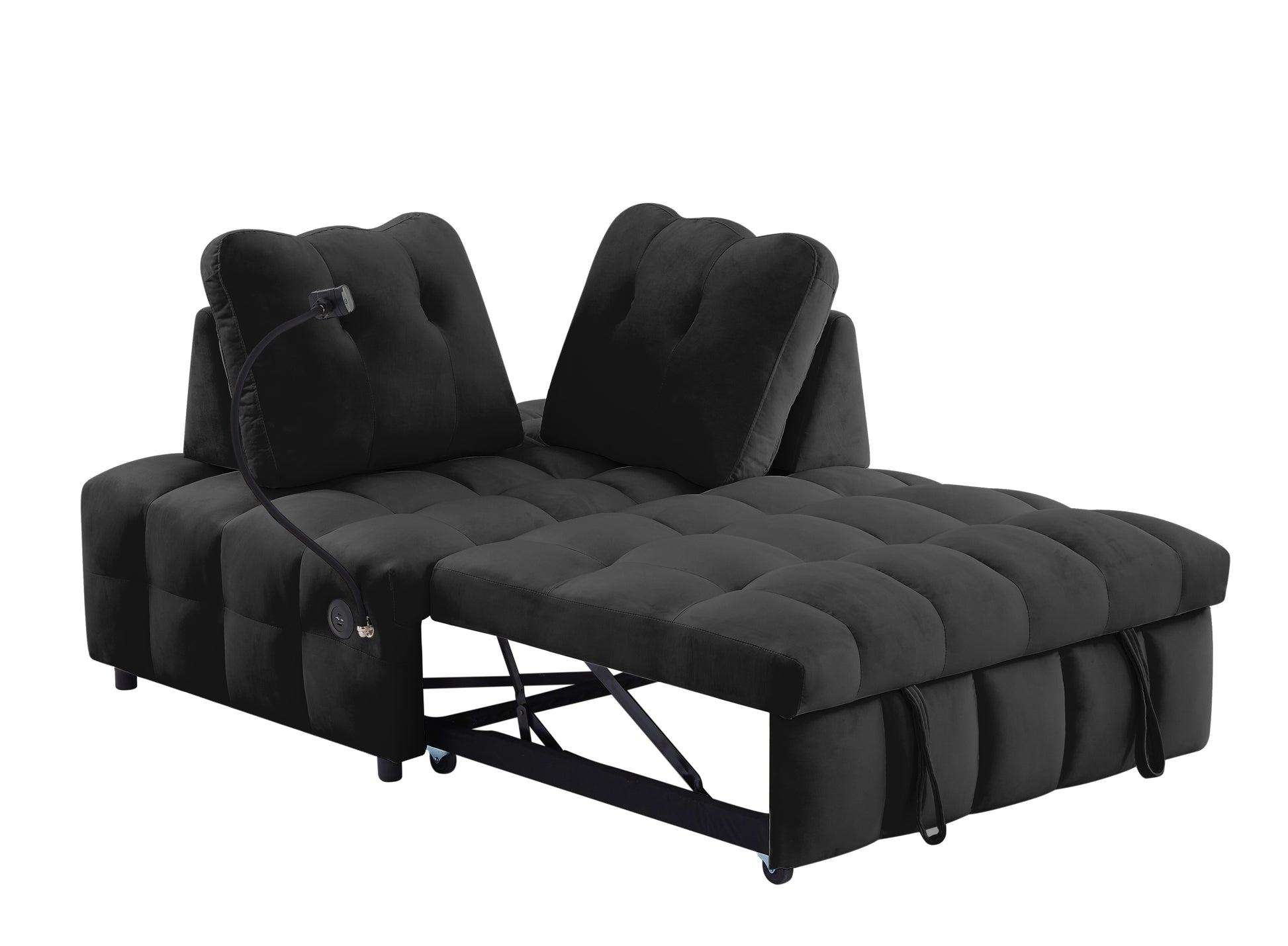 Modern Sofa Velvet Pull Out Bed,Independently Removable Backrest, Have Usb Port And Swivel Phone Stand ,Black Black Wood Velvet 2 Seat