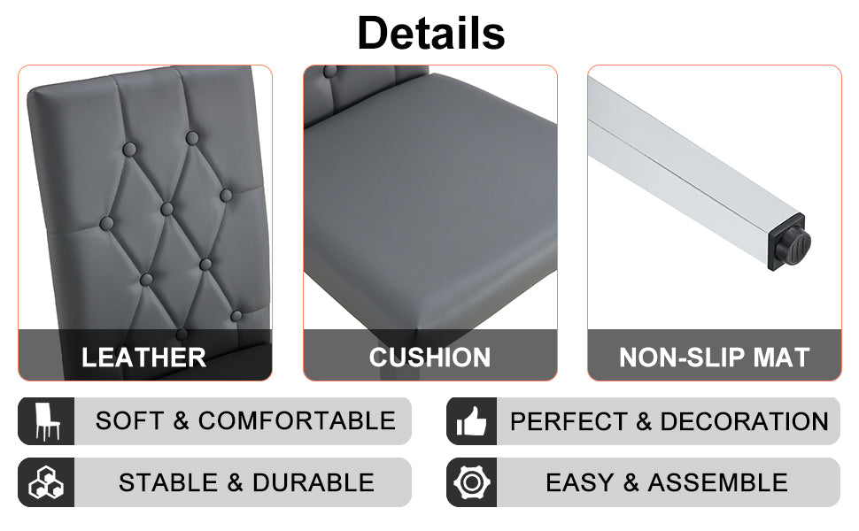 Table And Chair Set, Modern Dining Table, Tempered Glass Tabletop And Silver Colored Leg Table, Soft And Comfortable Dining Chair, Perfect For Dinner, Meetings, Home And Office Decor Gray Seats 4 Glass