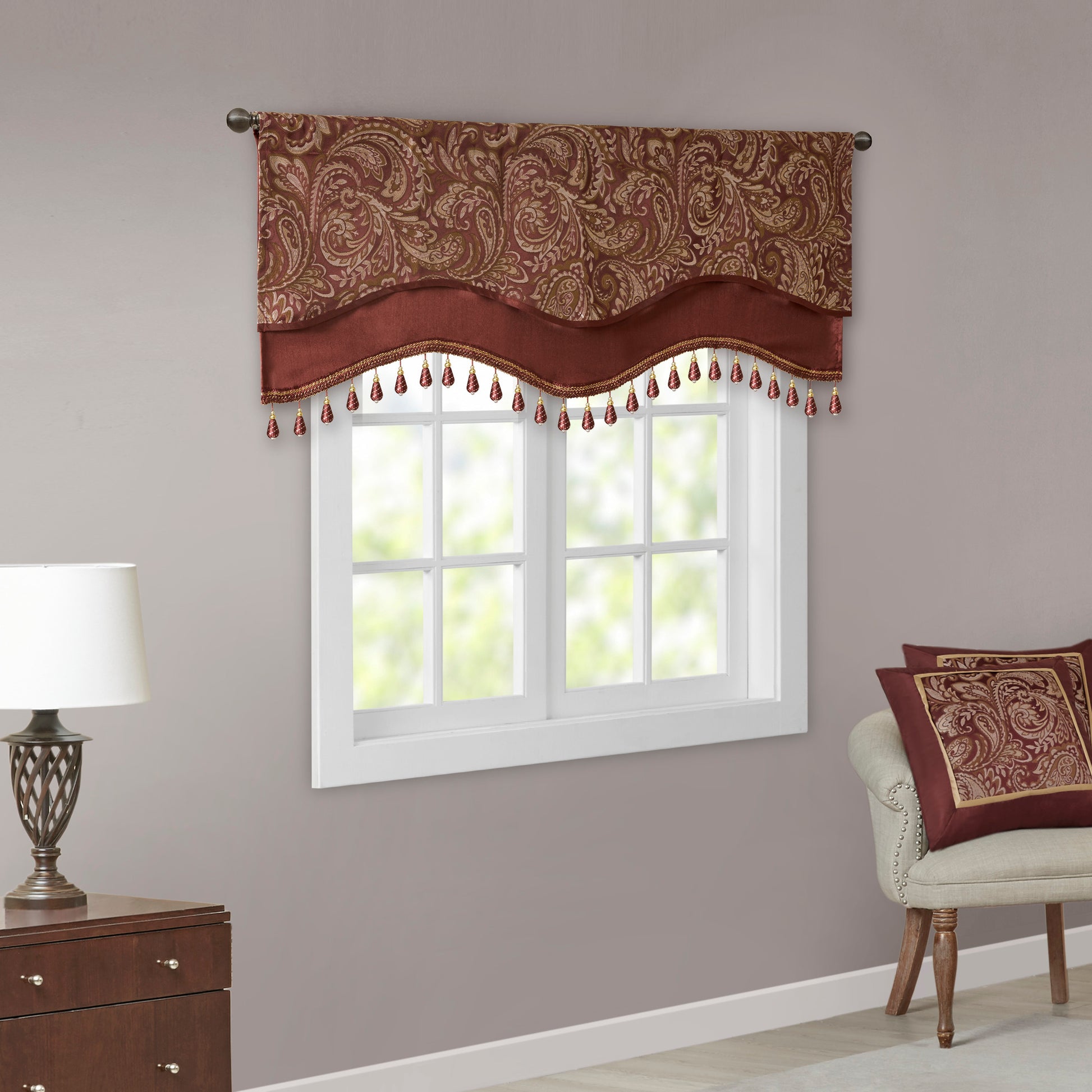 Jacquard Window Rod Pocket Valance With Beads Burdy 50X18" Burgundy Polyester
