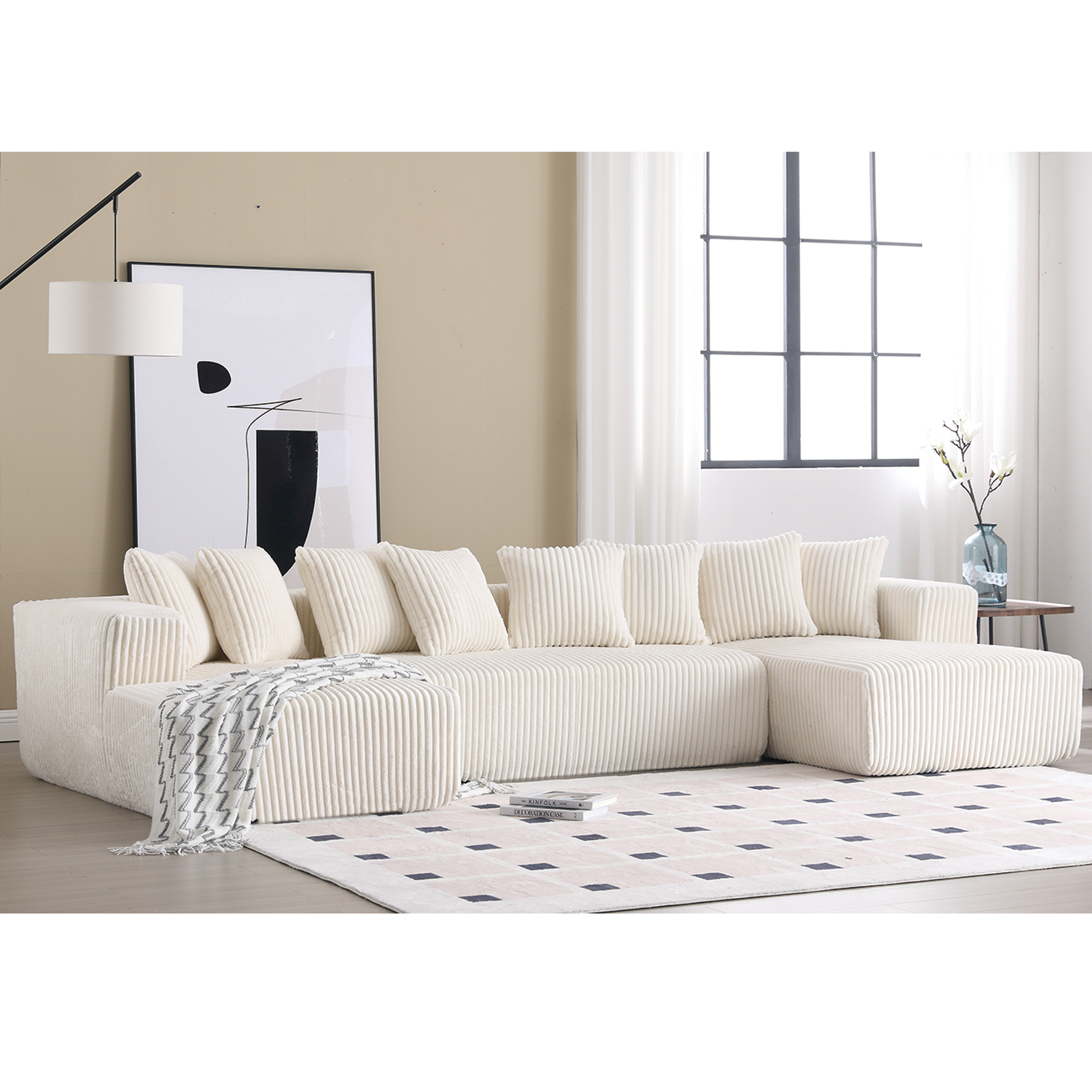 Arrived 131'' Modular Sectional Couch, U Shaped Sofachaise Lounge, Striped Fabric,Upholstered 4 Seater Couch For Living Room, Bedroom, Free Combination Sofa Corduroy ,White White Polyester Primary Living Space Soft Modern Square Arms Foam Upholstered 4