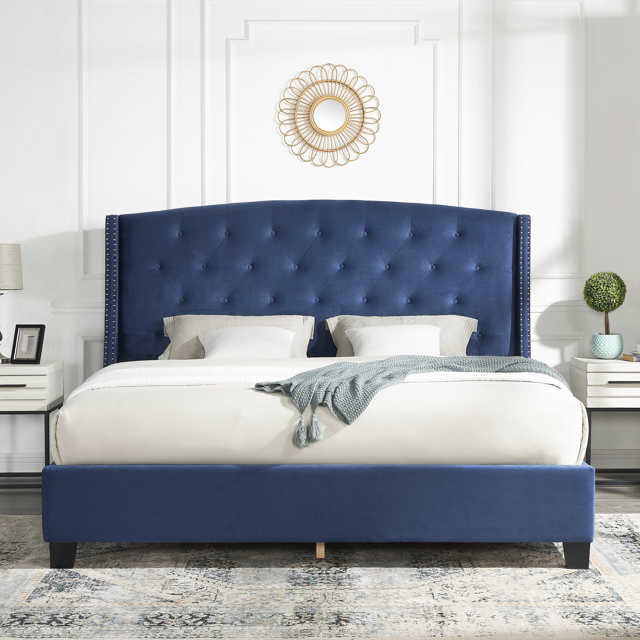 Fentina 3 Piece Upholstered Bedroom Set, Tufted Velvet Wingback Bed With Two White Nightstands Box Spring Required Queen Blue Multi Wood 3 Piece Set Bedroom Bed Included,Nightstand Included Contemporary Wood Tufted Polyester Engineered Wood
