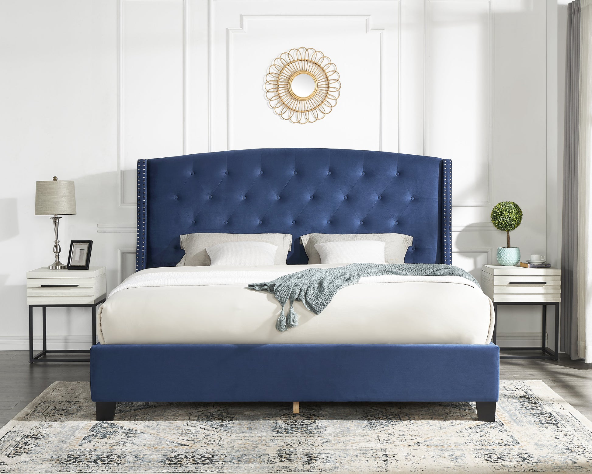 Fentina 3 Piece Upholstered Bedroom Set, Tufted Velvet Wingback Bed With Two White Nightstands Box Spring Required Queen Blue Multi Wood 3 Piece Set Bedroom Bed Included,Nightstand Included Contemporary Wood Tufted Polyester Engineered Wood