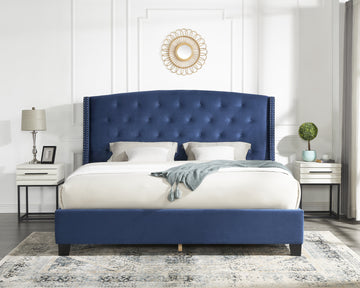 Fentina 3 Piece Upholstered Bedroom Set, Tufted Velvet Wingback Bed With Two White Nightstands Box Spring Required Queen Blue Multi Wood 3 Piece Set Bedroom Bed Included,Nightstand Included Contemporary Wood Tufted Polyester Engineered Wood
