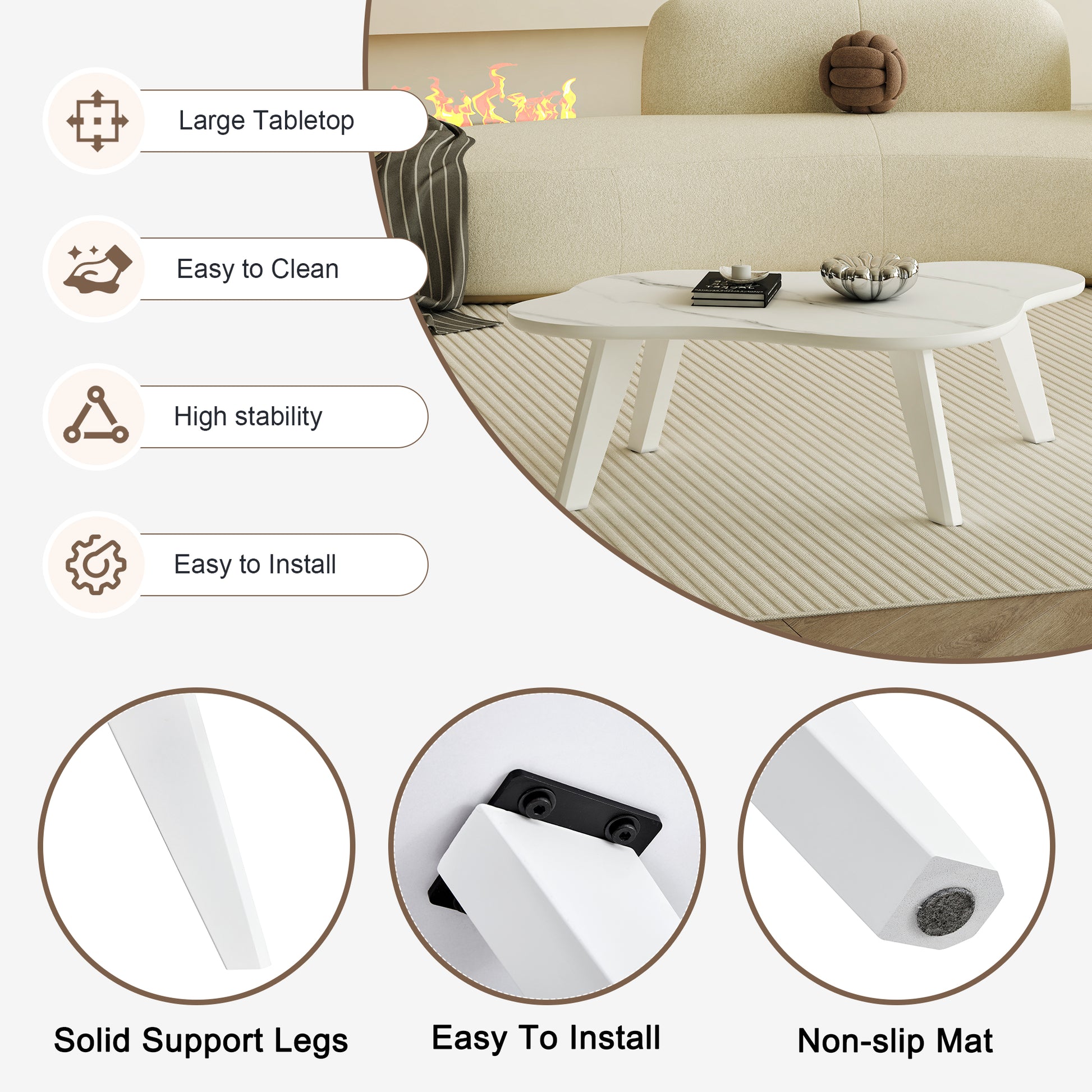 Modern Minimalist White Imitation Marble Tabletop Coffee Table. Solid Wood Spray Painted Desk Legs, Cloud Shape To Give You A Experience, Computer Desk. Suitable For Dining And Living Rooms. White Mdf