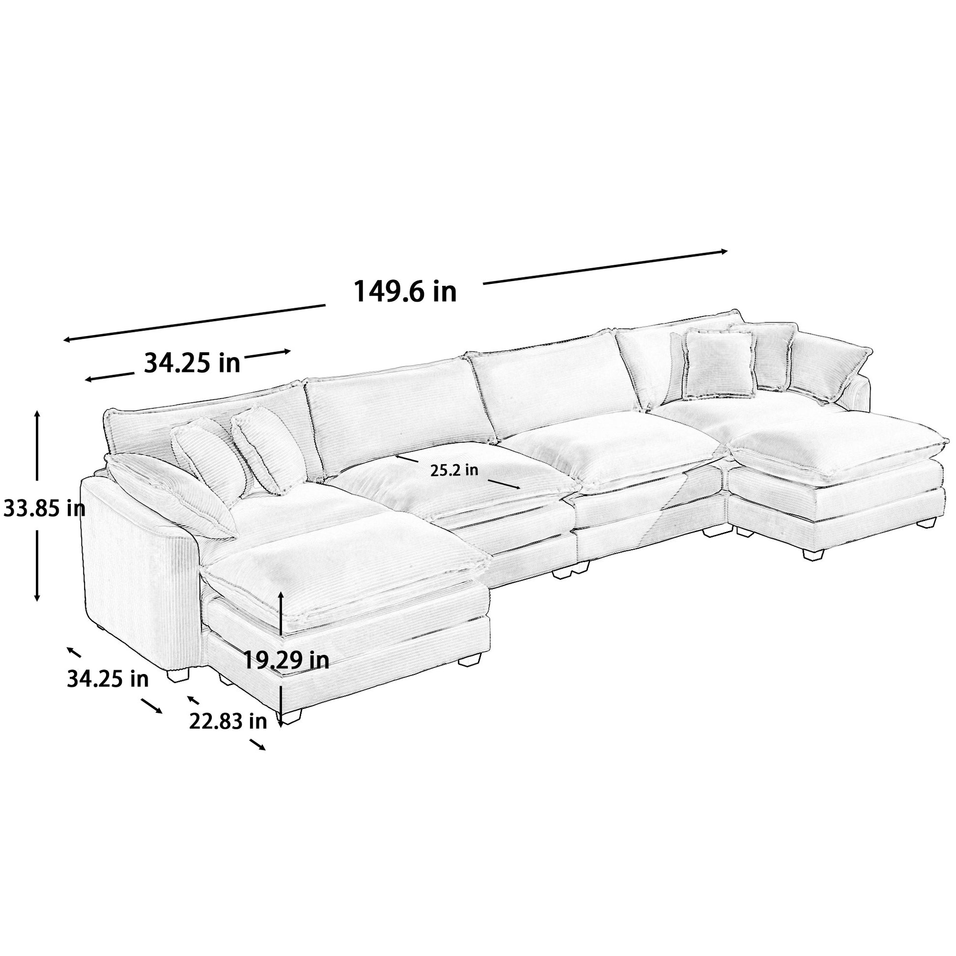 Cloud Like Comfy Soft Upholstered 4 Seater Modular Sofas With 2 Ottomans, 4 Seat U Shape Corduroy Fabric Sofa,Light Beige Corduroy Fabirc Beige Corduroy 4 Seat