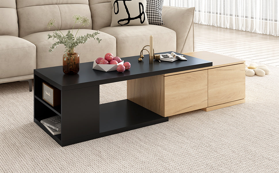 47.2'' 57''W Extendable Coffee Table With 2 Storage Drawers, Dual Tone Wood Center Table With Extendable Sliding Tabletop, Multi Functional Hidden Storage Sofa Table For Living Room, Black Black Primary Living Space Drawers Rectangular Particle Board Mdf