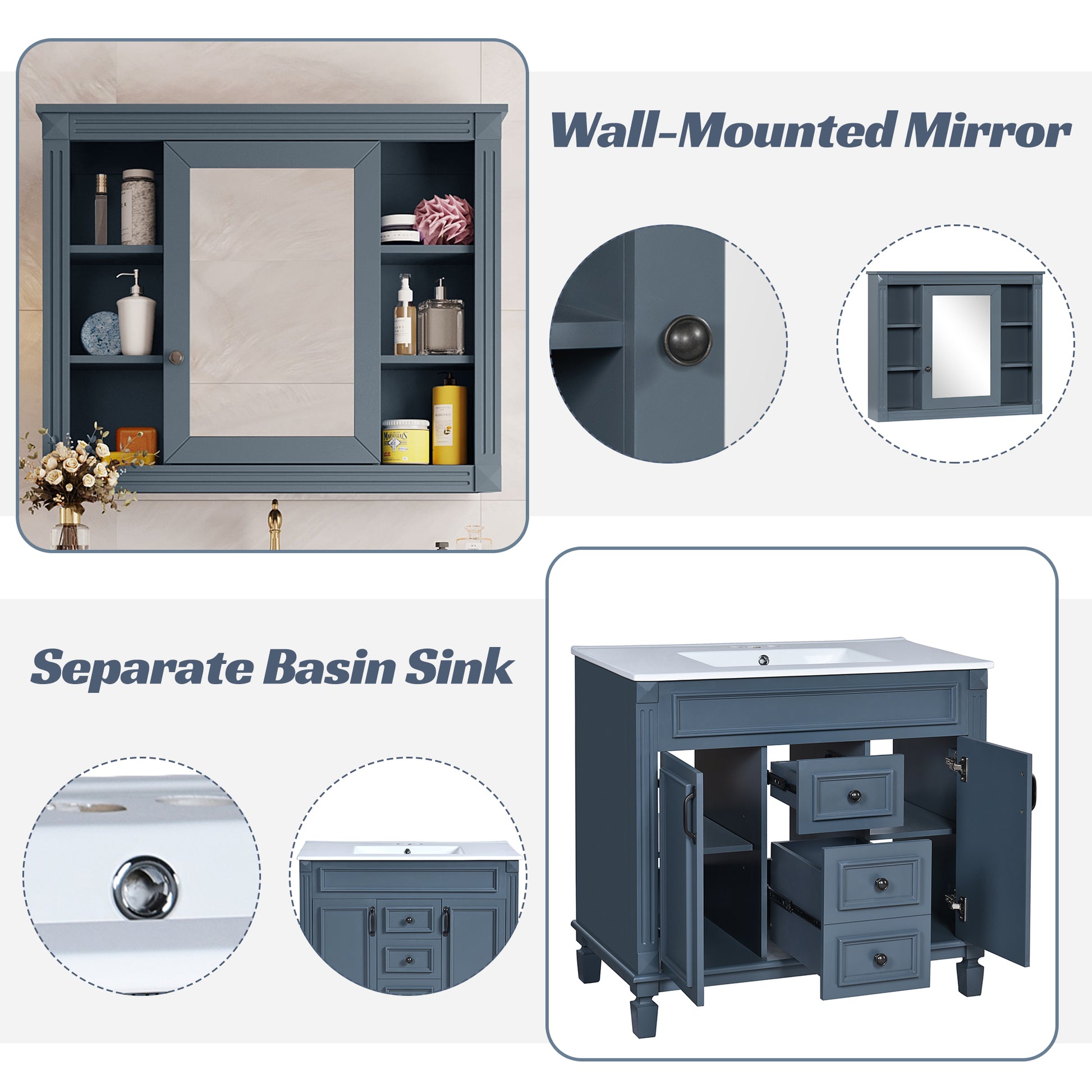 36'' Bathroom Vanity With Top Sink, Royal Blue Mirror Cabinet, Modern Bathroom Storage Cabinet With 2 Soft Closing Doors And 2 Drawers, Single Sink Bathroom Vanity Blue Bathroom Modern Solid Wood