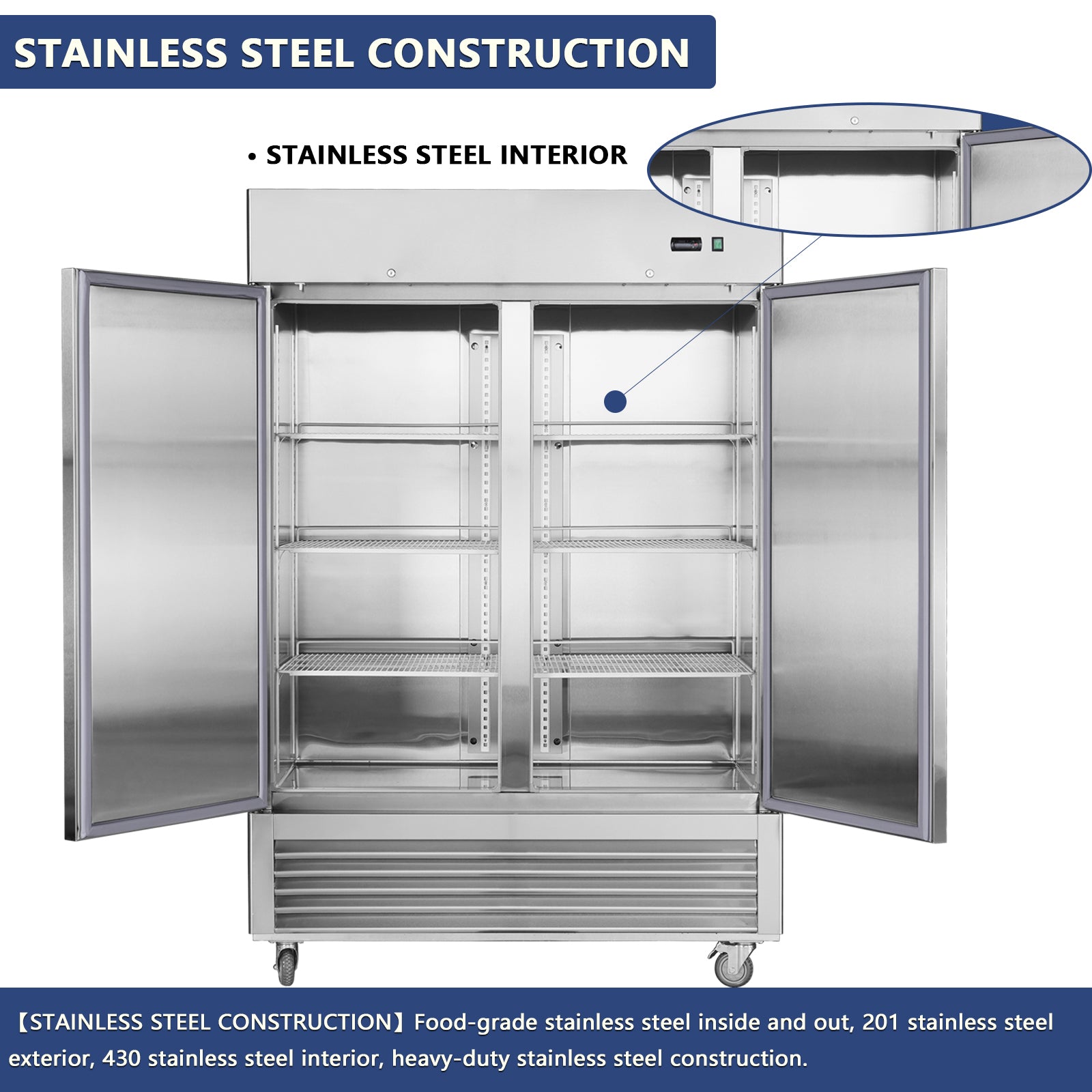 54"W Commercial Freezer 2 Section 2 Solid Door Stainless Steel Interior And Exterior Construction Reach In Freezer 42.2 Cu.Ft. Upright Fan Cooling Freezer For Restaurants And Commercial Environments