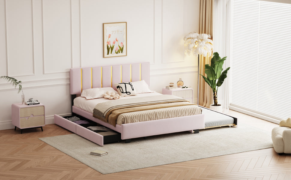Queen Size Upholstered Platform Bed With 2 Drawers And 1 Trundle, Classic Metal Strip Headboard Design, Pink Queen Pink Mdf Lvl
