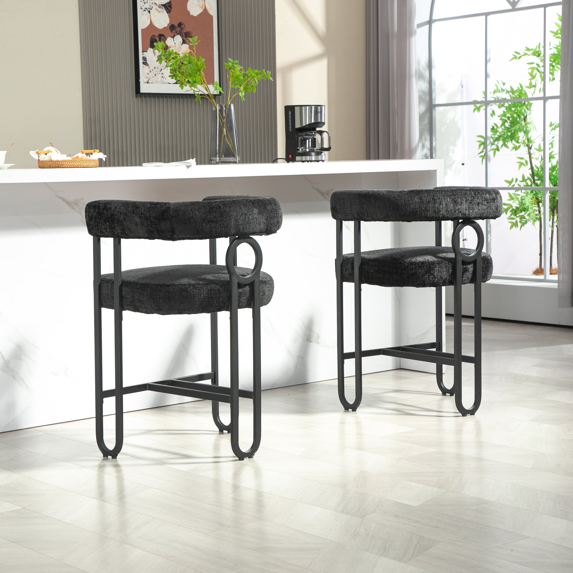 Coolmore Bar Stools Set Of 2, Modern Bar Stool With Back, Black Metal Frames, Upholstered Bar Stools For Kitchen Island, Pub, Club Black Chenille Black Dining Room Foam Chenille