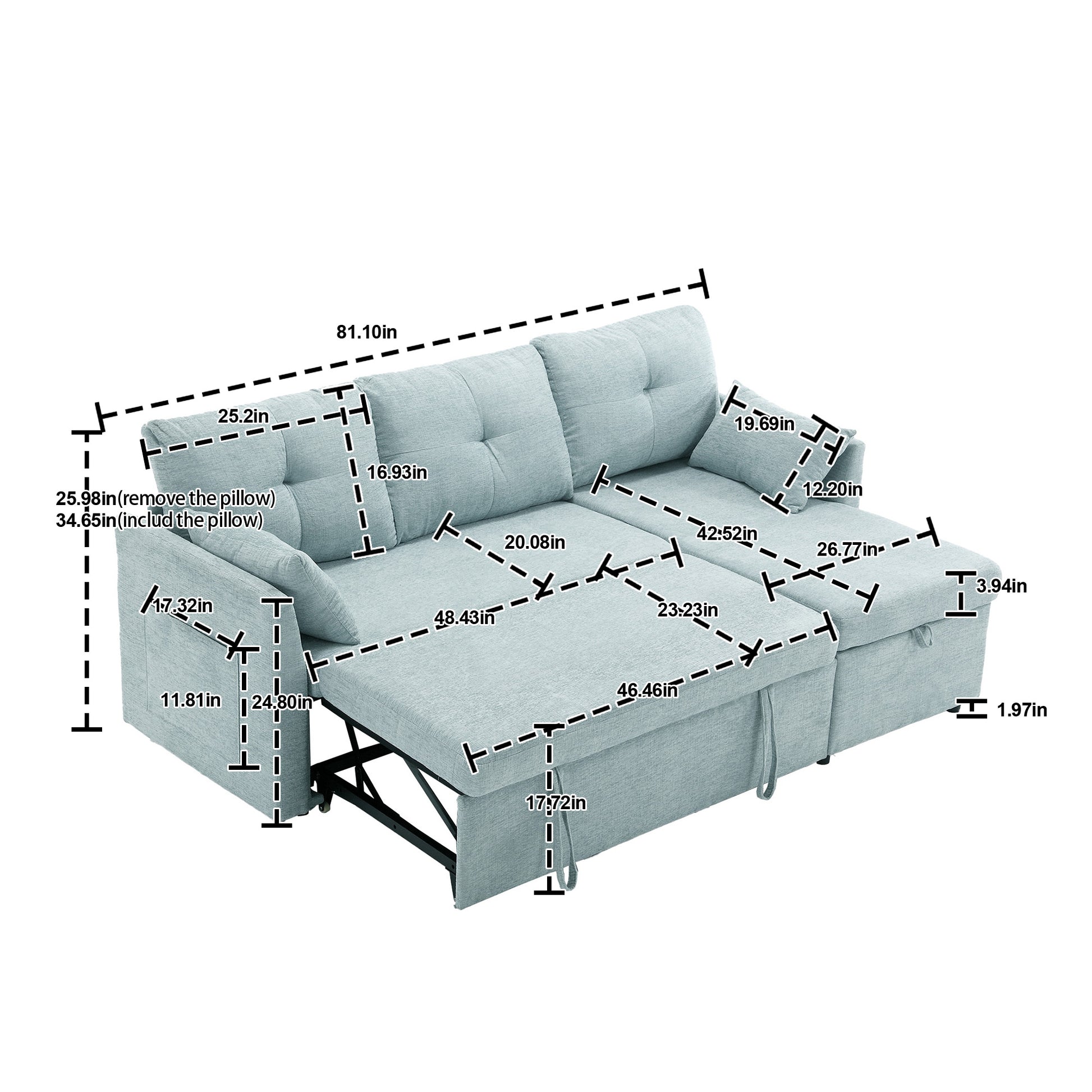 United We Win Furniture, Modular L Shaped Sofa, Modular Long Sofa With Reversible Chaise Lounge, Sofa Bed, Sleeper Sofa, Modular Sofa Combination With Storage Seats. Mint Green Chenille 3 Seat