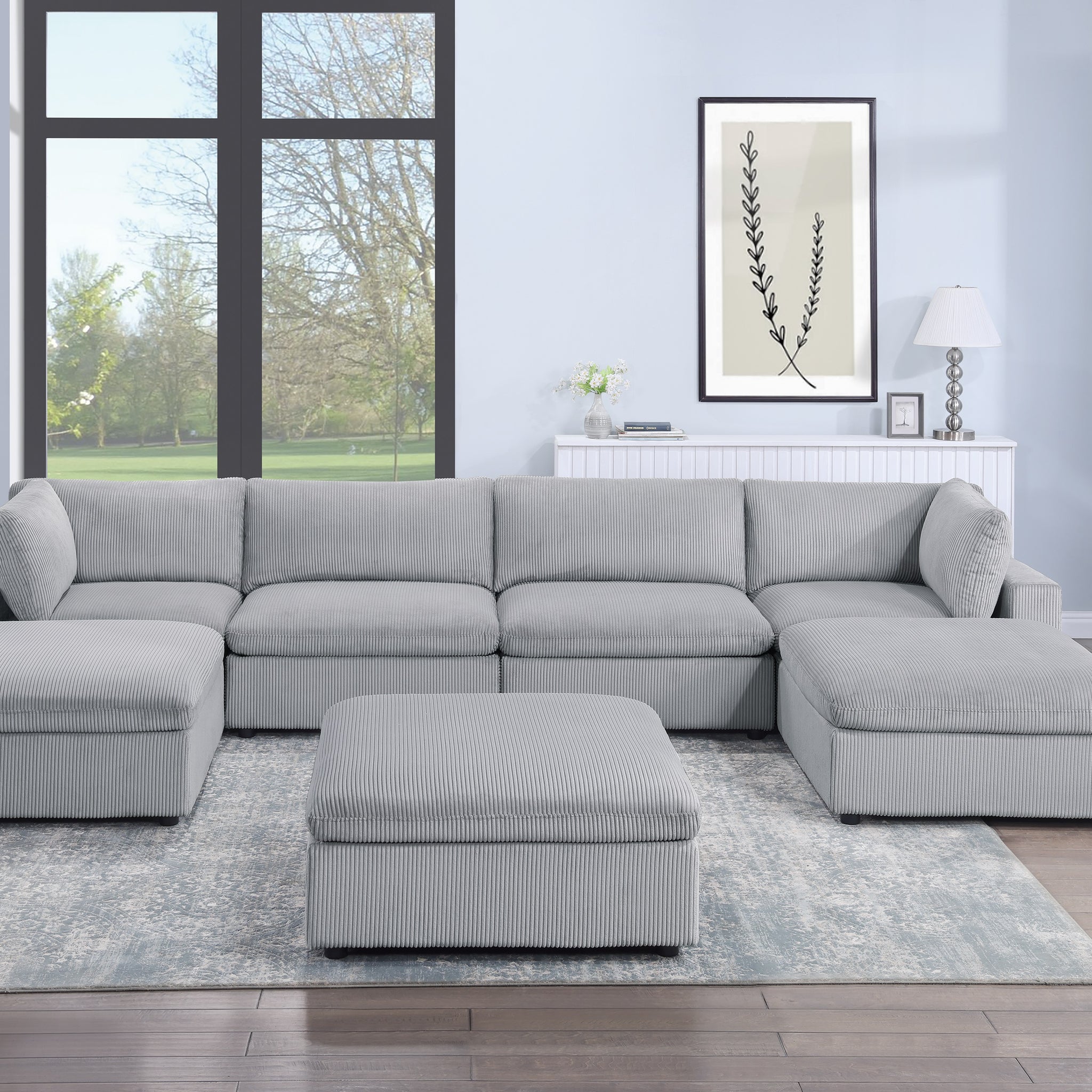 Dark Gray Color 7Pc Modular Sectional Set Corduroy Upholstery Couch 2X Corner Wedge 2X Armless Chairs 3X Ottomans Living Room Furniture Dark Gray Primary Living Space Cushion Back