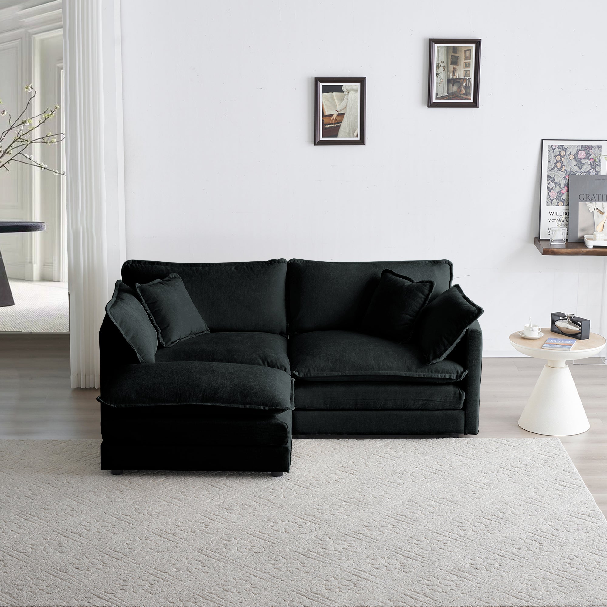 Chenille Two Seater Sofa With 1 Footrest, 2 Seater L Shaped Sectional With Ottoman,Loveseat With Ottoman For Small Living Space, Black Chenille Black Chenille 2 Seat