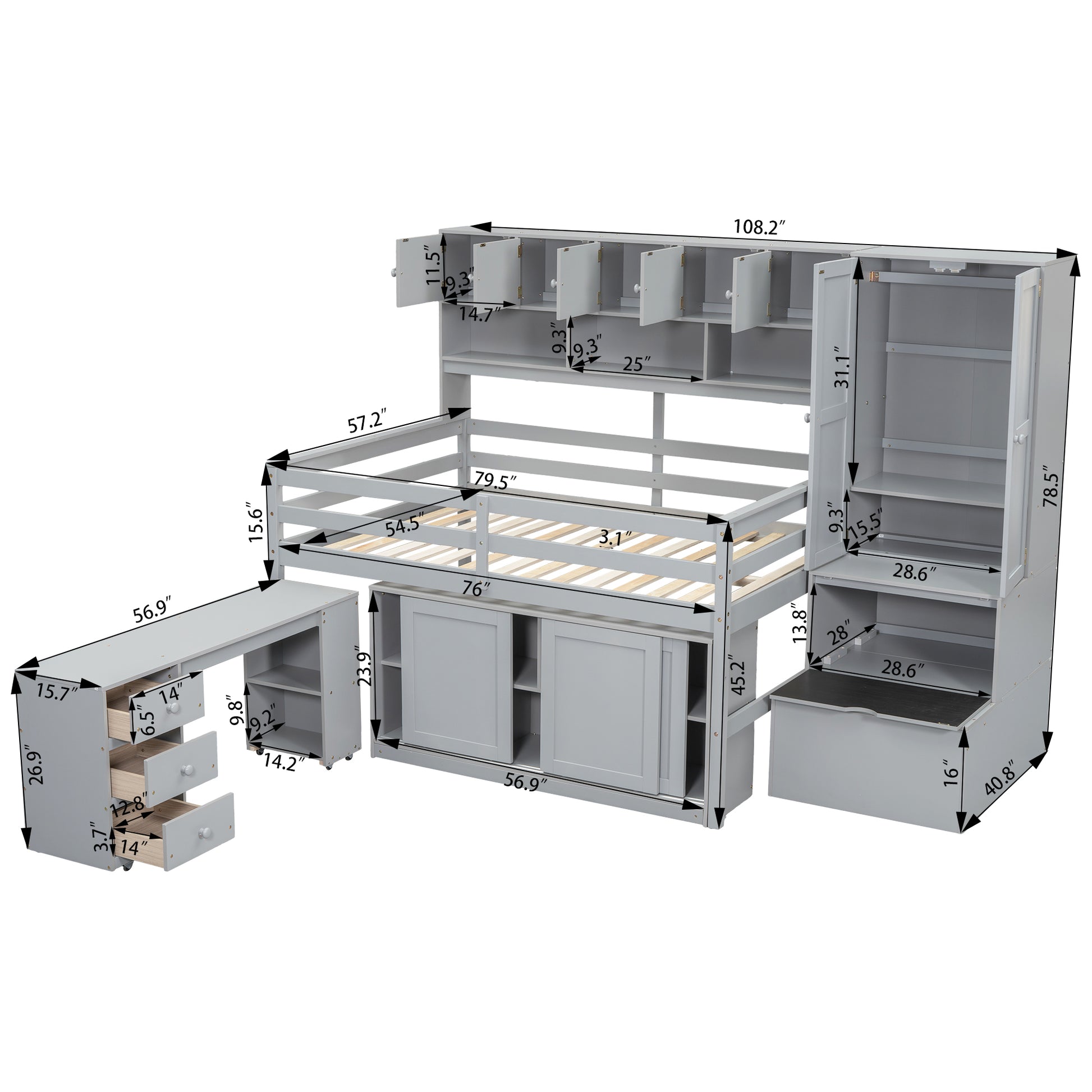 Full Size Wooden Loft Bed Big Storage With Under Bed Desk, With Drawers, With Shelves, Gray Full Gray Plywood