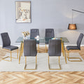 Table And Chair Set.Modern Rectangular Glass Dining Table With A Tempered Glass Tabletop And Metal Legs, Paired With Multiple Chairs Designed With Pu Cushions And Golden Metal Legs. Grey Gold Seats 6 Tempered Glass