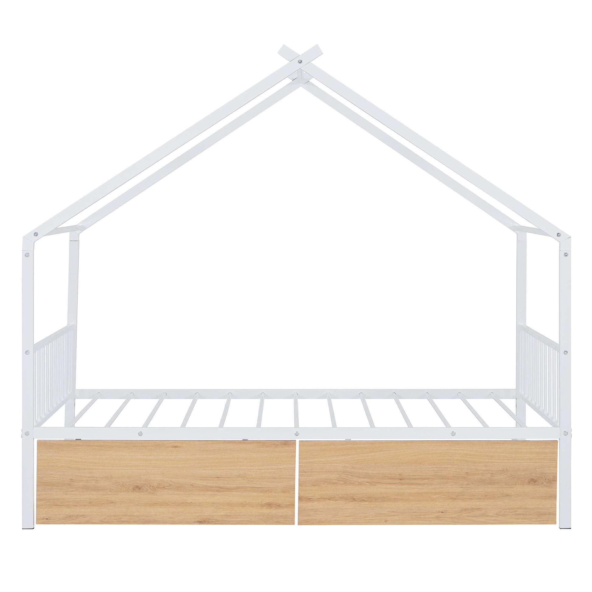 Twin Size Metal House Bed With Two Drawers, White Twin White Metal