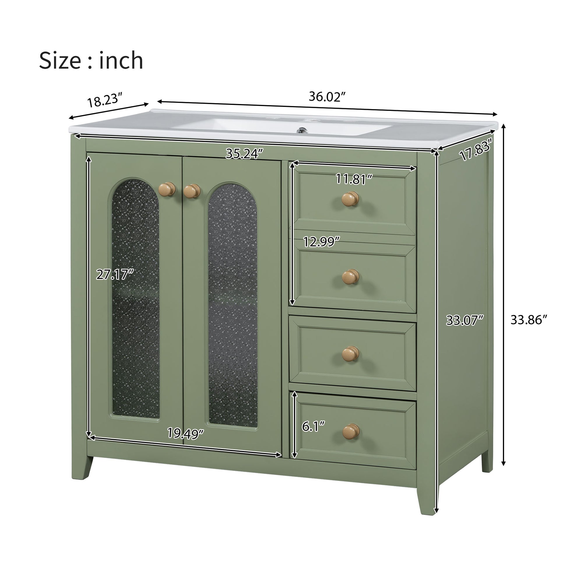 36 Inch Bathroom Vanity With Two Soft Close Doors, Adjustable Shelves And Three Soft Close Drawers Green Bathroom Solid Wood Mdf
