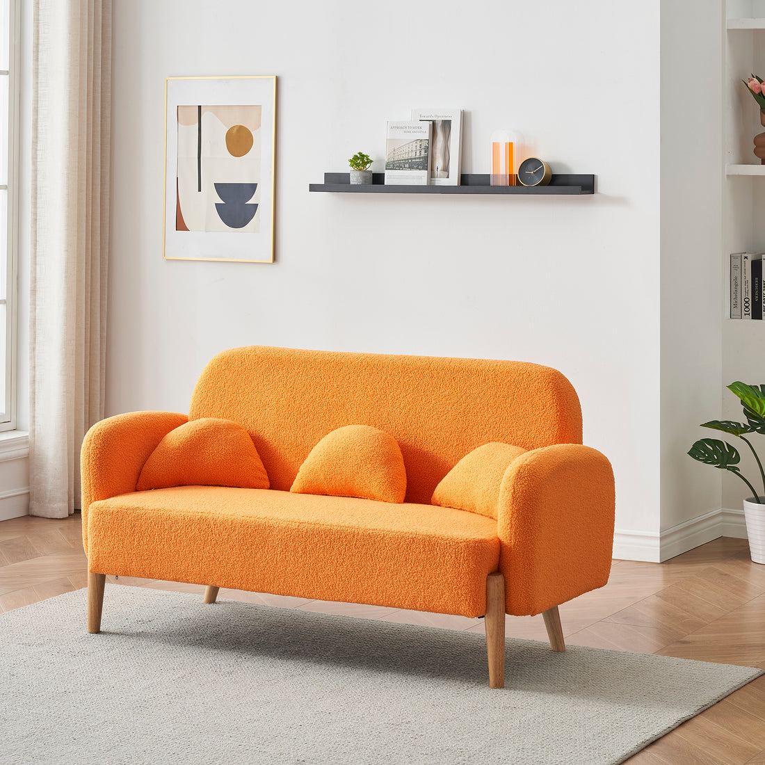59.1" Teddy Velvet Beige Two Seater Sofa With Three Lumbar Pillows Orange Wood Primary Living Space Eucalyptus Square Arms Foam Teddy 2 Seat