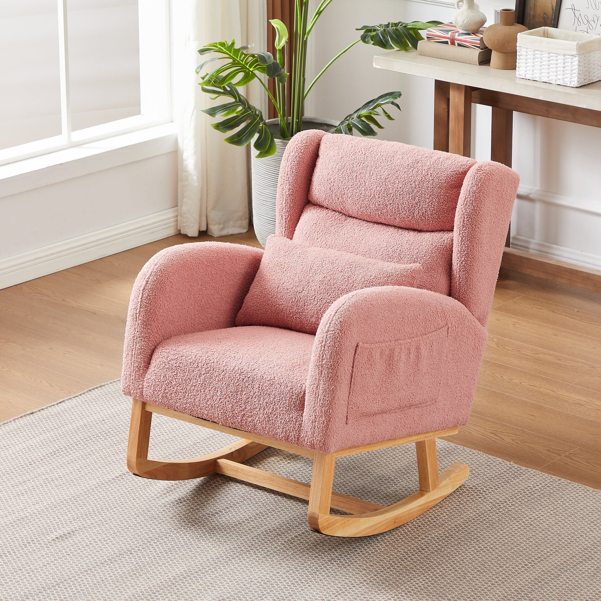 27.2"W Modern Accent High Backrest Living Room Lounge Arm Rocking Chair, Two Side Pocket Pink Foam Fabric