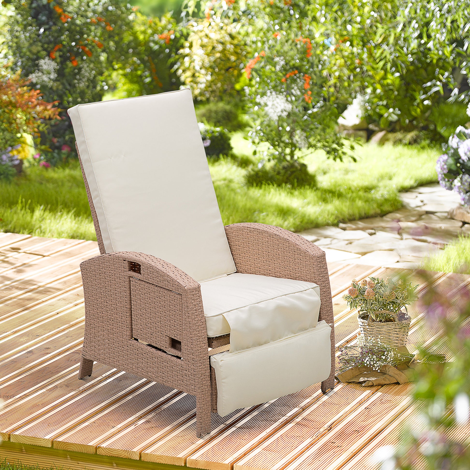 Outsunny Patio Recliner, Outdoor Reclining Chair With Flip Up Side Table, All Weather Wicker Metal Frame Chaise With Footrest, Cushions, Beige Beige Steel