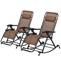 Outsunny Set Of 2 Outdoor Rocking Chairs, Foldable Reclining Zero Gravity Lounge Rocker With Pillow, Cup & Phone Holder, Combo Design With Folding Legs, Brown Brown Fabric Metal