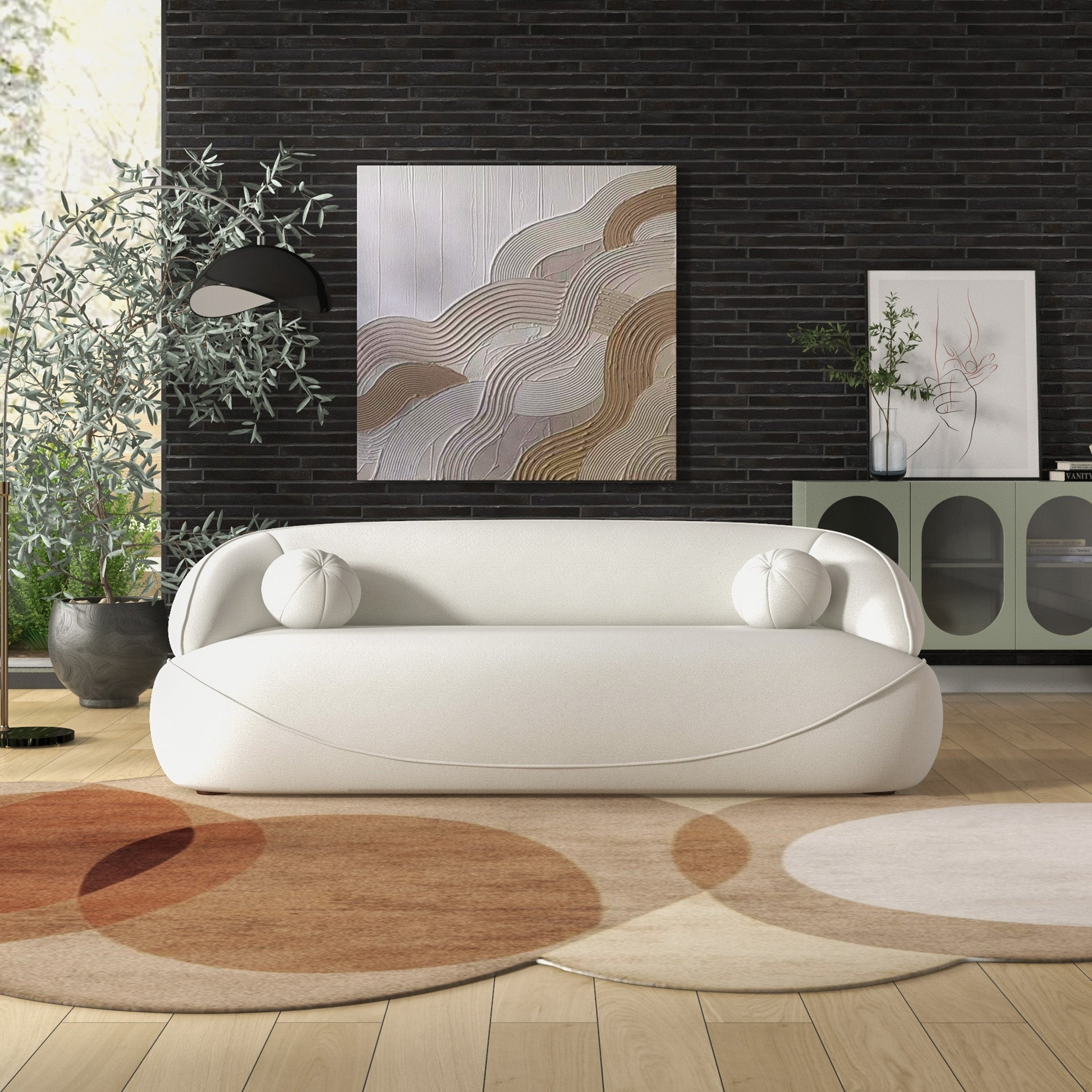 Andrew Beige Boucle Sofa Beige,Ivory White,Light Beige,White Wood Primary Living Space Medium Firm Mid Century Modern Foam Boucle,Solid Wood 3 Seat