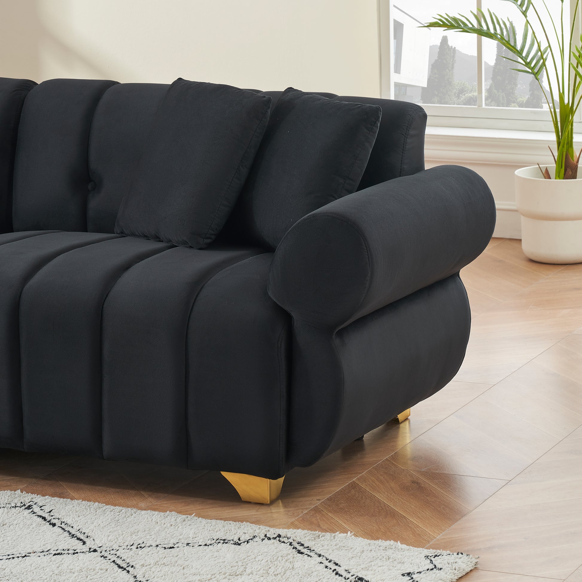 89 Inch Spring Wrapped Cushions, 3 Flannelette Sofas, Stylish Metal Feet And 4 Throw Pillows Make For A Modern Living Room Bedroom Black Velvet 3 Seat