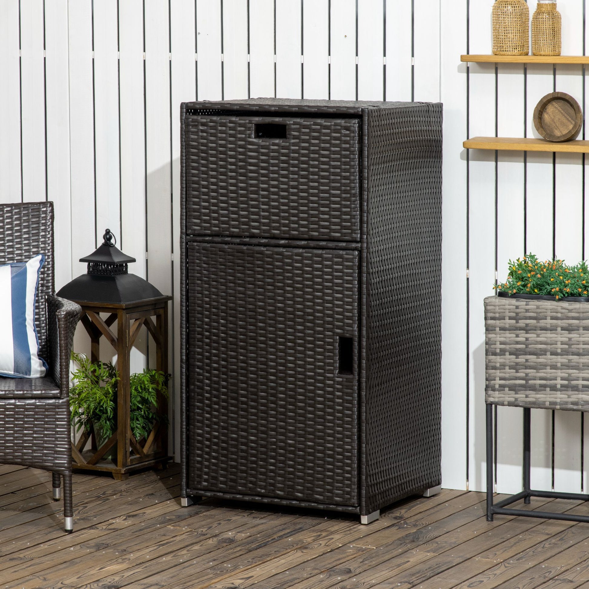 Outsunny Outdoor Towel Rack & Pool Toy Cabinet Hot Tub Accessory Storage, Waterproof Pe Rattan Cabinet & Basket Drawer For Indoor, Swimming Pool, Spa, 24"X24"X47", Dark Brown Brown Steel