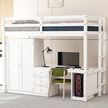 Twin Size Loft Bed With Wardrobe, Desk And Storage Drawers, White Twin White Pine
