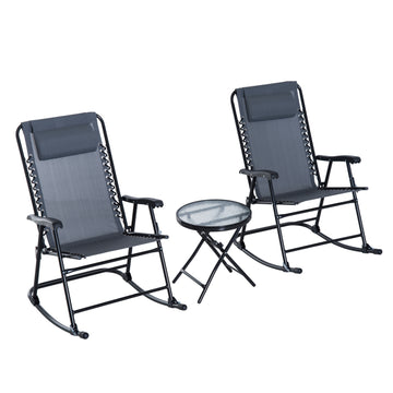 Outsunny 3 Piece Outdoor Rocking Bistro Set, Patio Folding Chair Table Set With Glass Coffee Table For Yard, Patio, Deck, Backyard, Grey Grey Fabric