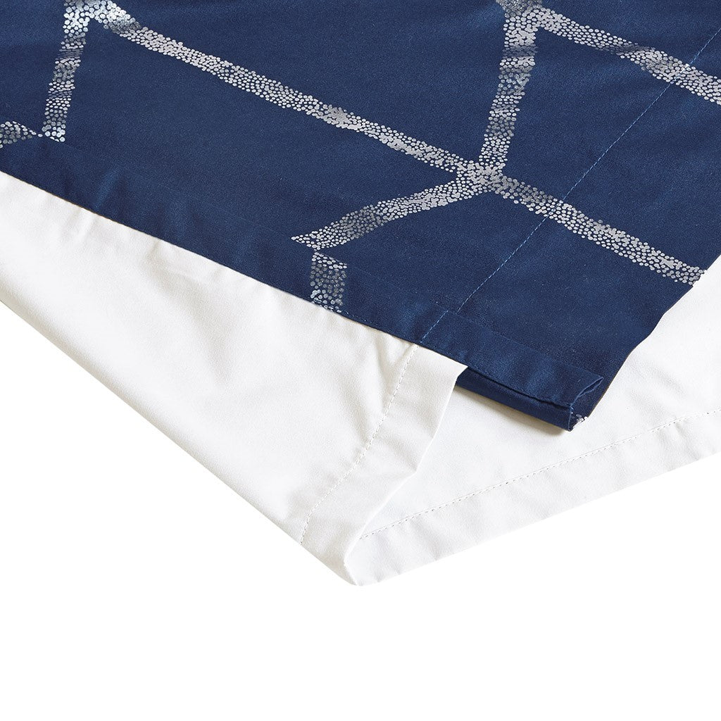 Total Blackout Metallic Print Grommet Top Curtain Panel Only 1 Pc Panel Navy Silver Polyester