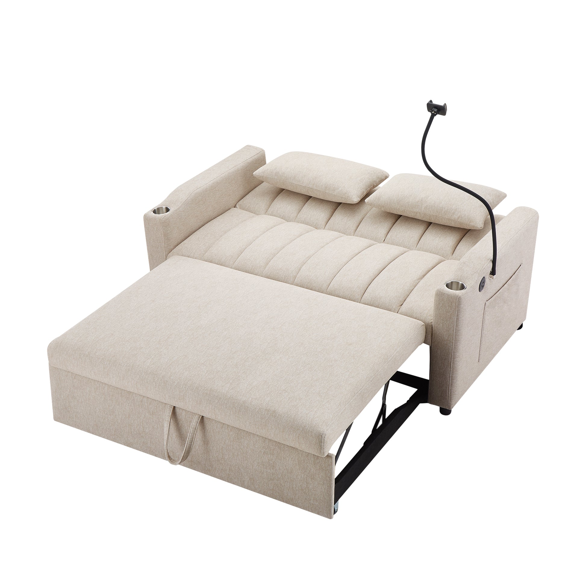 55.9" Convertible Sofa Bed Loveseat Sofa With Three Usb Ports, Two Side Pockets, Two Cup Holders And 360 Swivel Phone Holder For Living Room, Beige Beige Foam Polyester