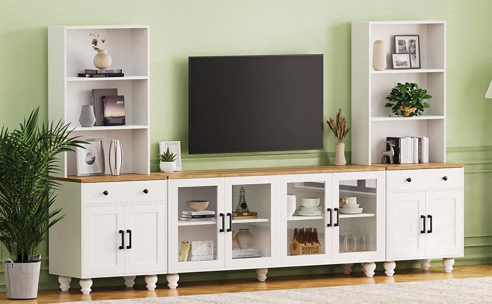 Farmhouse Tv Stand With Solid Wood Gourd Shaped Legs For Tvs Up To 70", Entertainment Center With Bookshelves & Tempered Glass Doors, Media Console With Adjustable Shelves, Living Room, White White