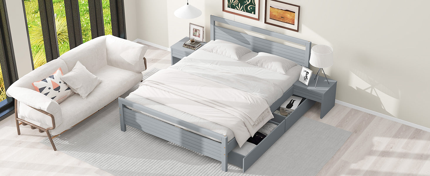 Queen Size Wooden Platform Bed With 2 Storage Drawers And 2 Bedside Tables, Gray Queen Gray Pine