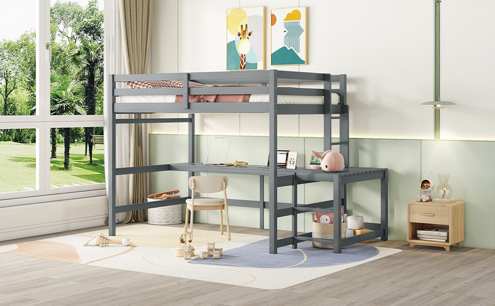 Full Size High Loft Bed With Built In Desk, Ladder Platform, Ladders, Guardrails ,Grey Full Grey Bedroom American Design Pine