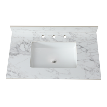 37"X22"Bathroom Vanity Top,Sintered Stone Carra Whitebarthroom Vanity Sink Tops With Rectangular Undermount Ceramic Sink With Vanity Backsplash, Three Faucet Hole Bathroom Vanity Countertop White