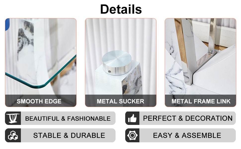 Modern Minimalist Rectangular Glass Table With 0.39 "Tempered Glass Top And Mdf White Patterned Sticker Legs For Entrance And Living Room. Transparent Glass