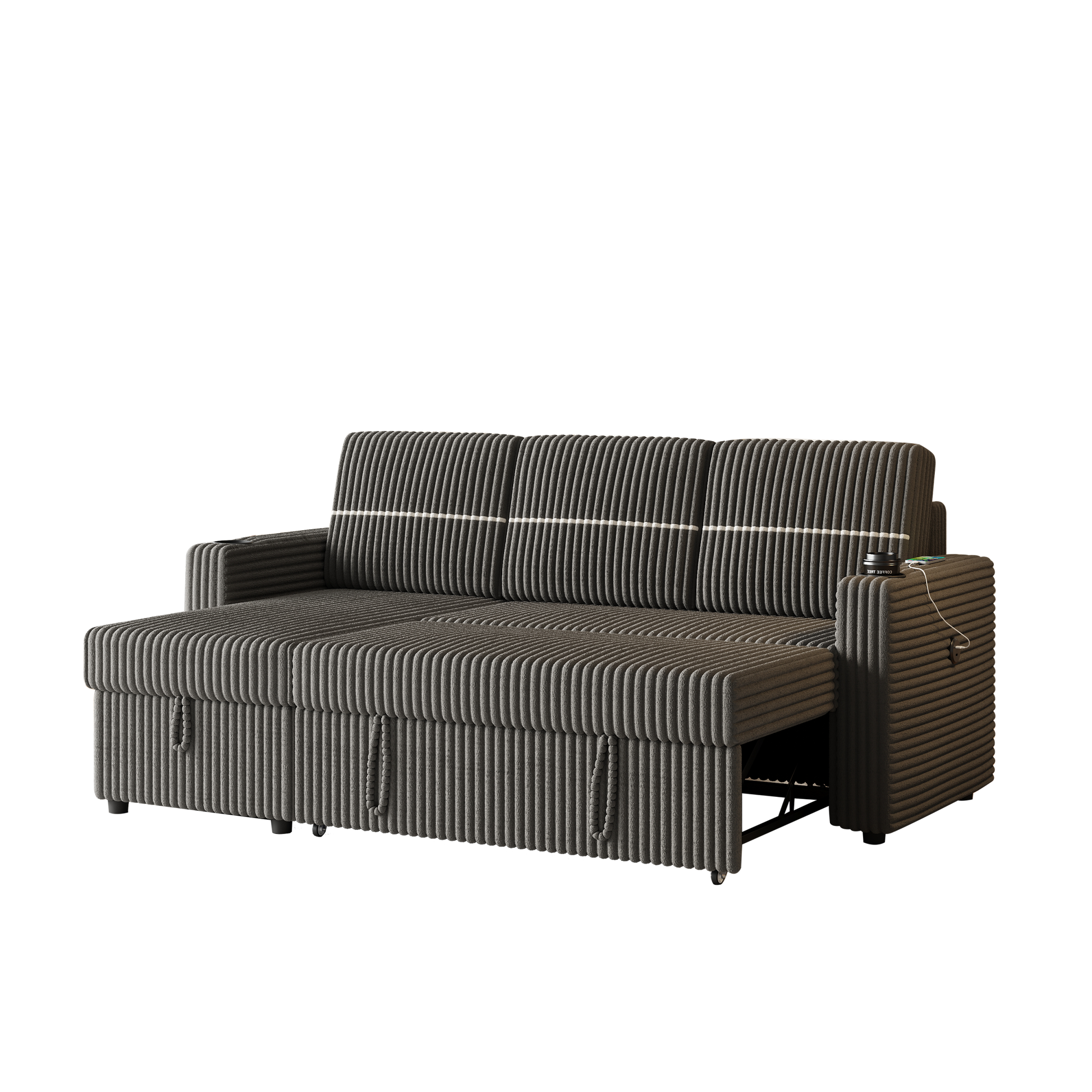 85 Inches Corduroy Sofa Bed, 3 Seater Sleeper Sofa With Storage Chaise, Square Handrail With Two Cup Holder And Usb Charge Port, Pull Out Couch For Living Room Dark Grey Corduroy 3 Seat